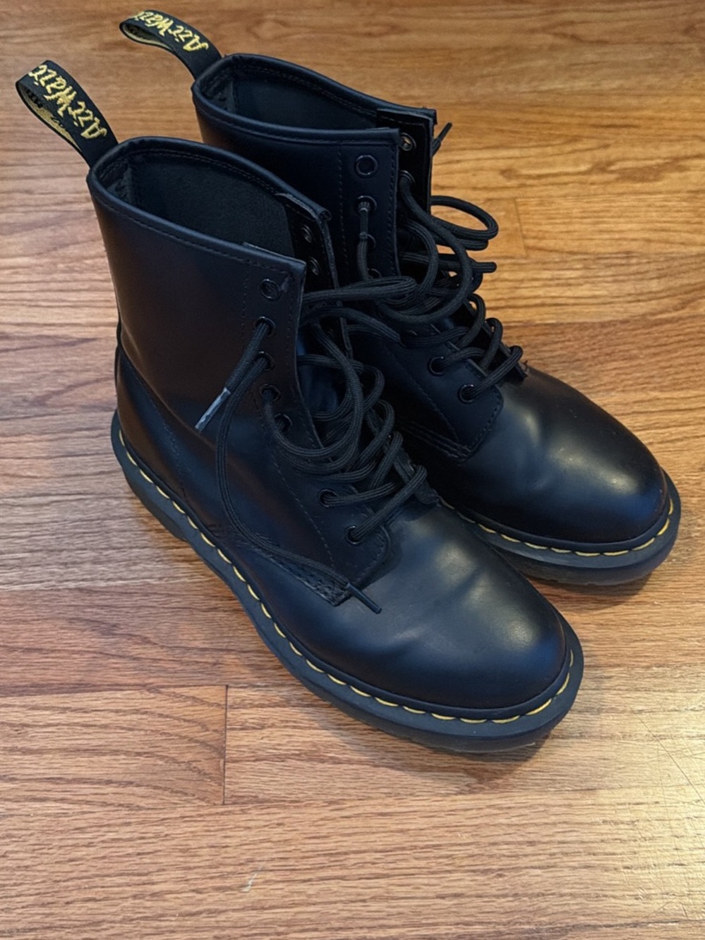 Dr. Martens Black Leather 8-Eye Lace-Up Boots with Yellow Stitching